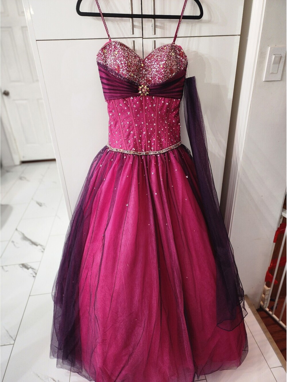 Alyce Designs Size 4 Fuchsia and Purple Beaded Prom Dress with Tulle Skirt